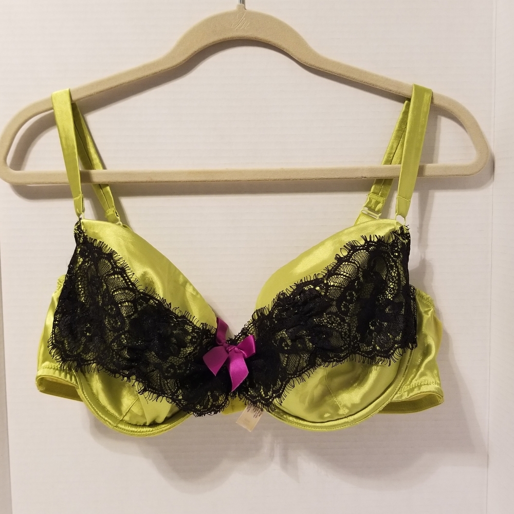 Cacique lime green & black lace demi underwire bra with purple bow size 42C